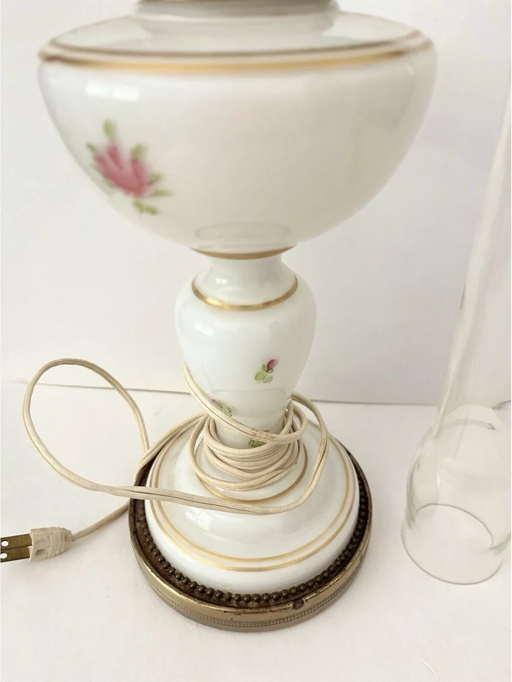Mid-Century Vintage Kerosene Oil Lamp Porcelain Floral White Base Glass Chimney